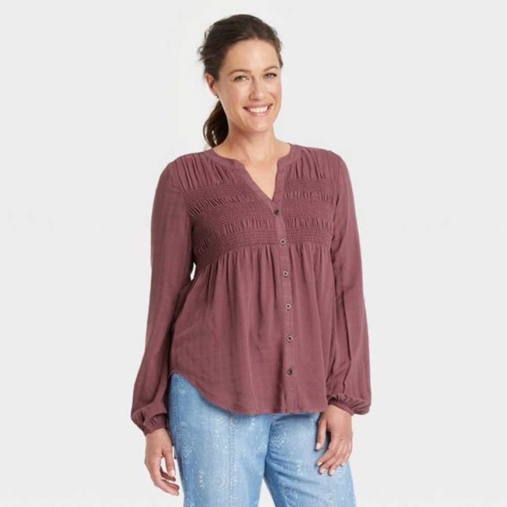 NEW Knox Rose Purple Pink Button Smocked Blouse Fall